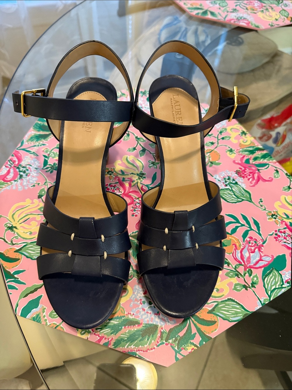 Lauren Ralph Lauren Navy Leather Strappy Heeled Sandals